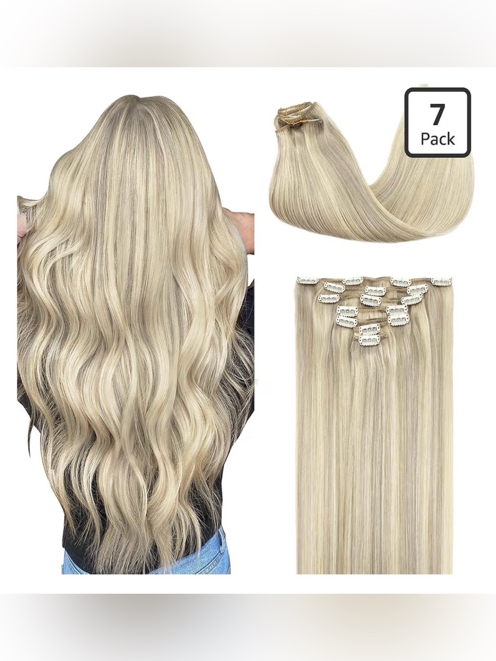 Amazon 7-Pack Clip-In Hair Extensions - Ash Blonde with Platinum Highlights 16”
